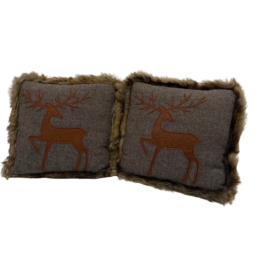 Country Line Set of 2 Rustic Stag Deer Herringbone Faux Fur Trim Pillows 12x12
